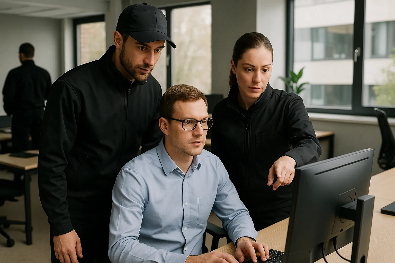 Slug: sicherheitsdienst-datenschutz-unternehmen
Meta Title: Datenschutz Sicherheitsdienst: Entscheidungshilfe für Unternehmen
Meta Description: Wann eigenes Personal, wann externer Sicherheitsdienst? Wir zeigen Ihnen konkrete Kriterien für datenschutzkonforme Sicherheit. Jetzt informieren!
Themenpassendes und realistisches bild, OHNE Text und ohne immer "Security" auf den jacken, generischer scheiß, einfach dezent professionell